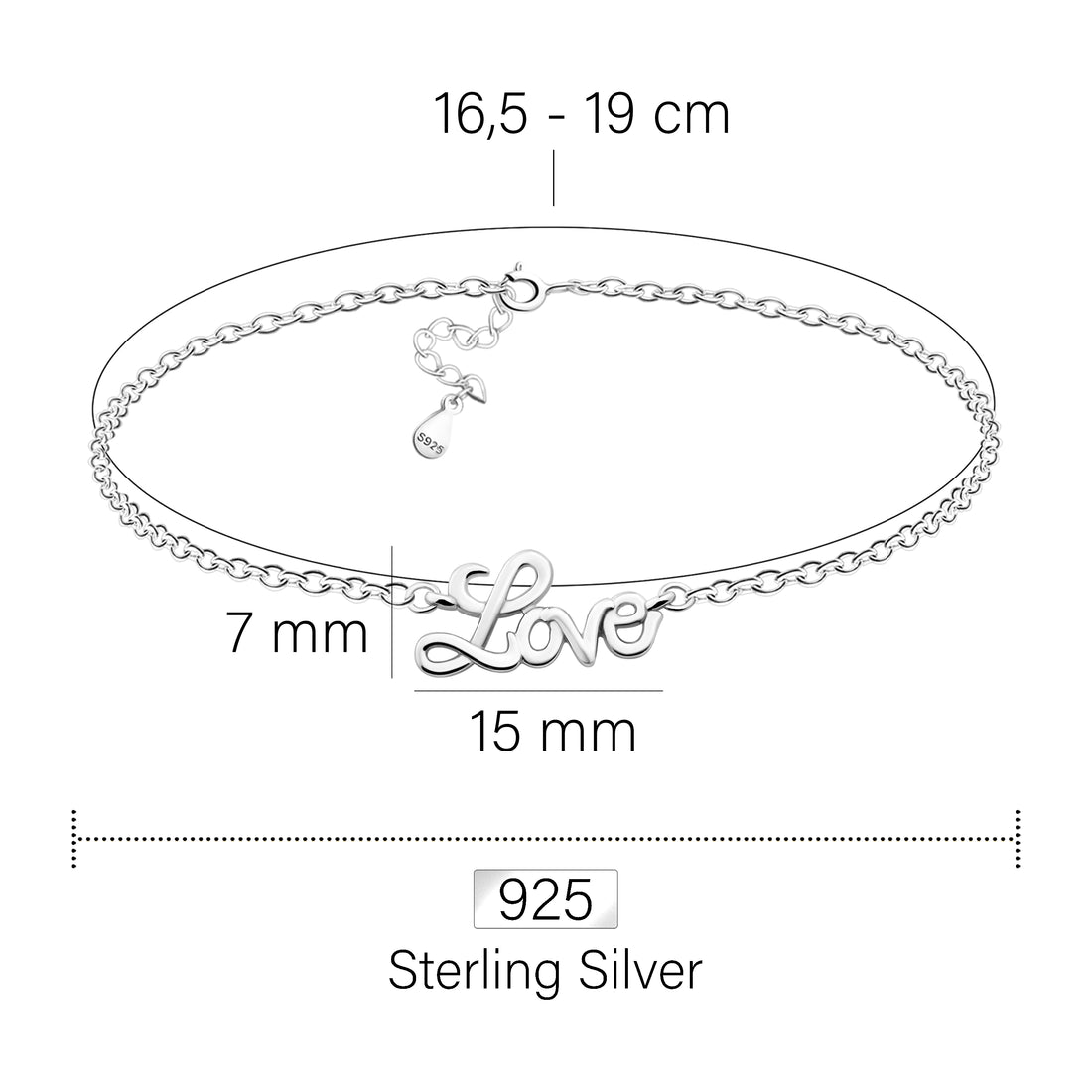Maßenansicht von Love Armband in 925 Silber von Sofia Milani - B0320