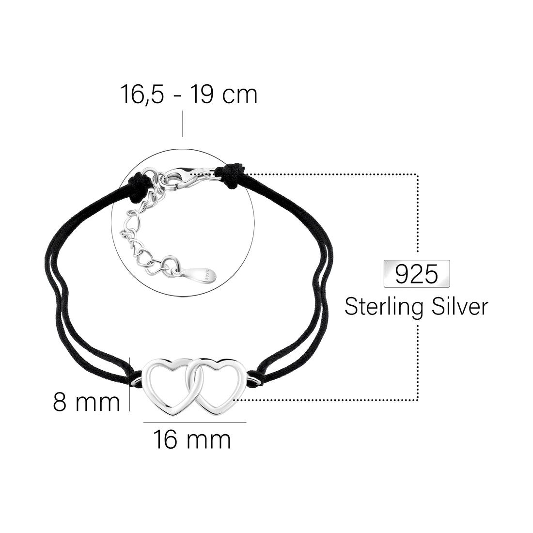 Maßenansicht von Herz Armband in 925 Silber von Sofia Milani - B0348