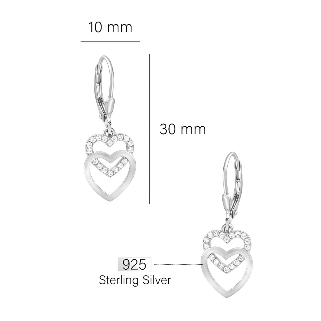 Maßenansicht von Herz Ohrhänger in 925 Silber von Sofia Milani - E0453