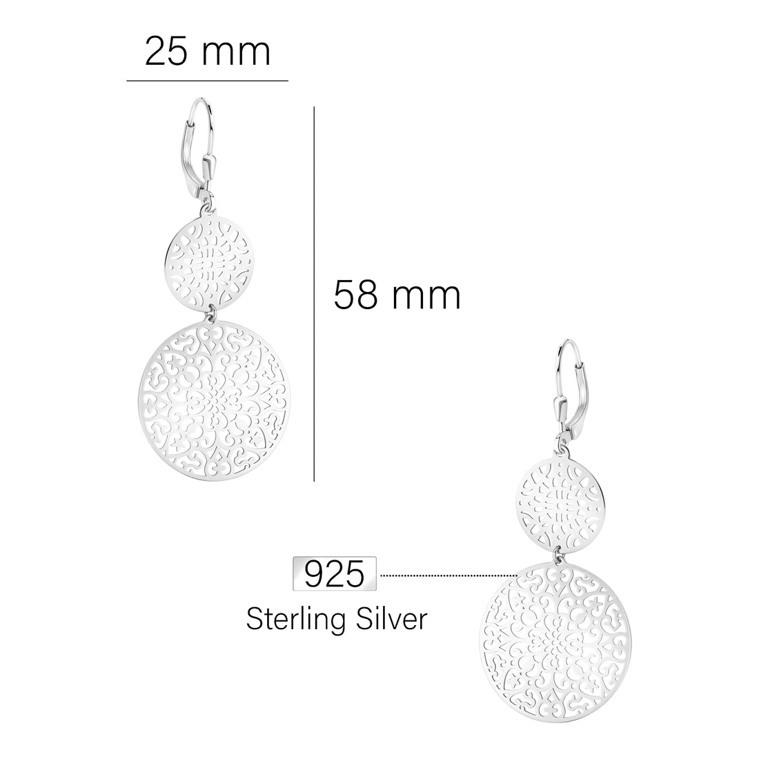 Maßenansicht von Ornamenten Ohrhänger in 925 Silber von Sofia Milani - E1048
