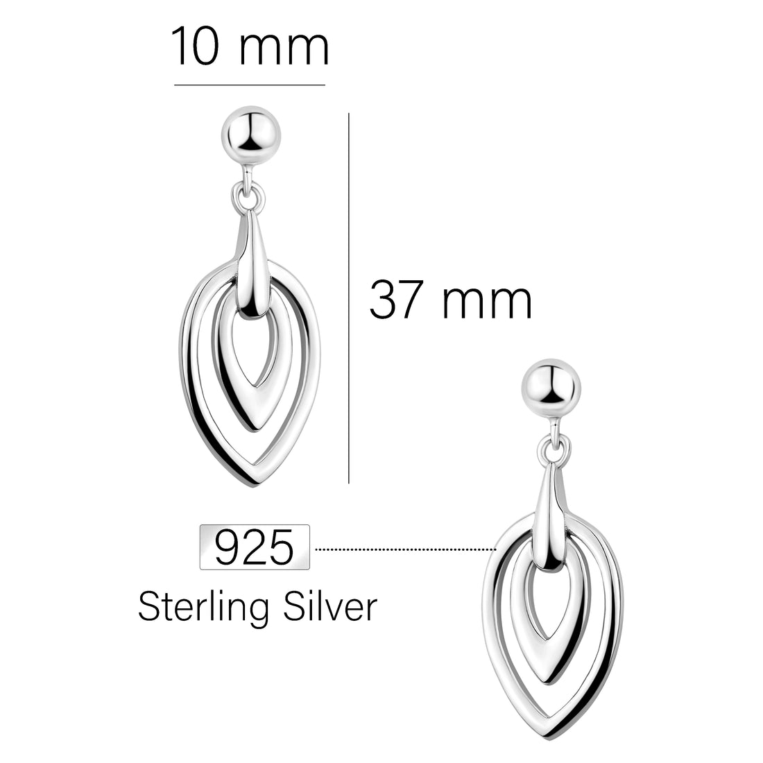Maßenansicht von Oval Ohrhänger in 925 Silber von Sofia Milani - E1554