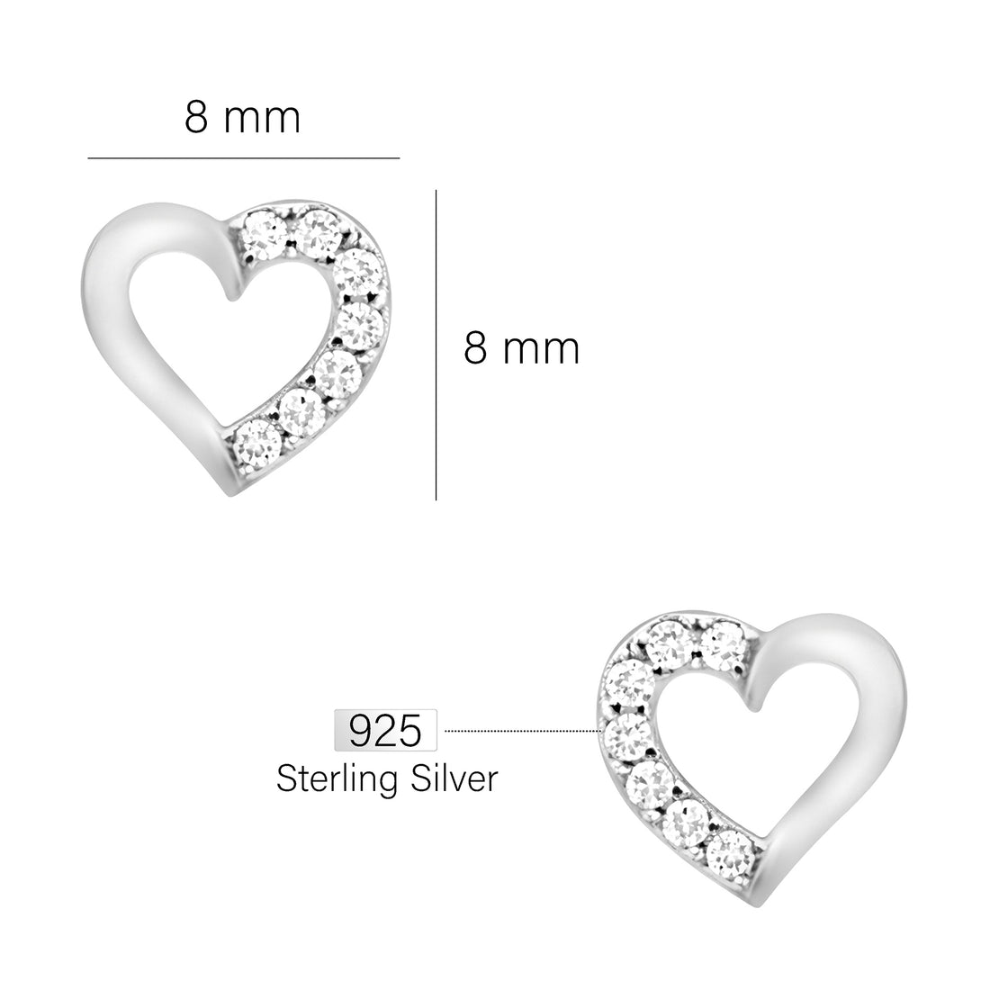 Maßenansicht von Herz Ohrstecker in 925 Silber von Sofia Milani - E1636