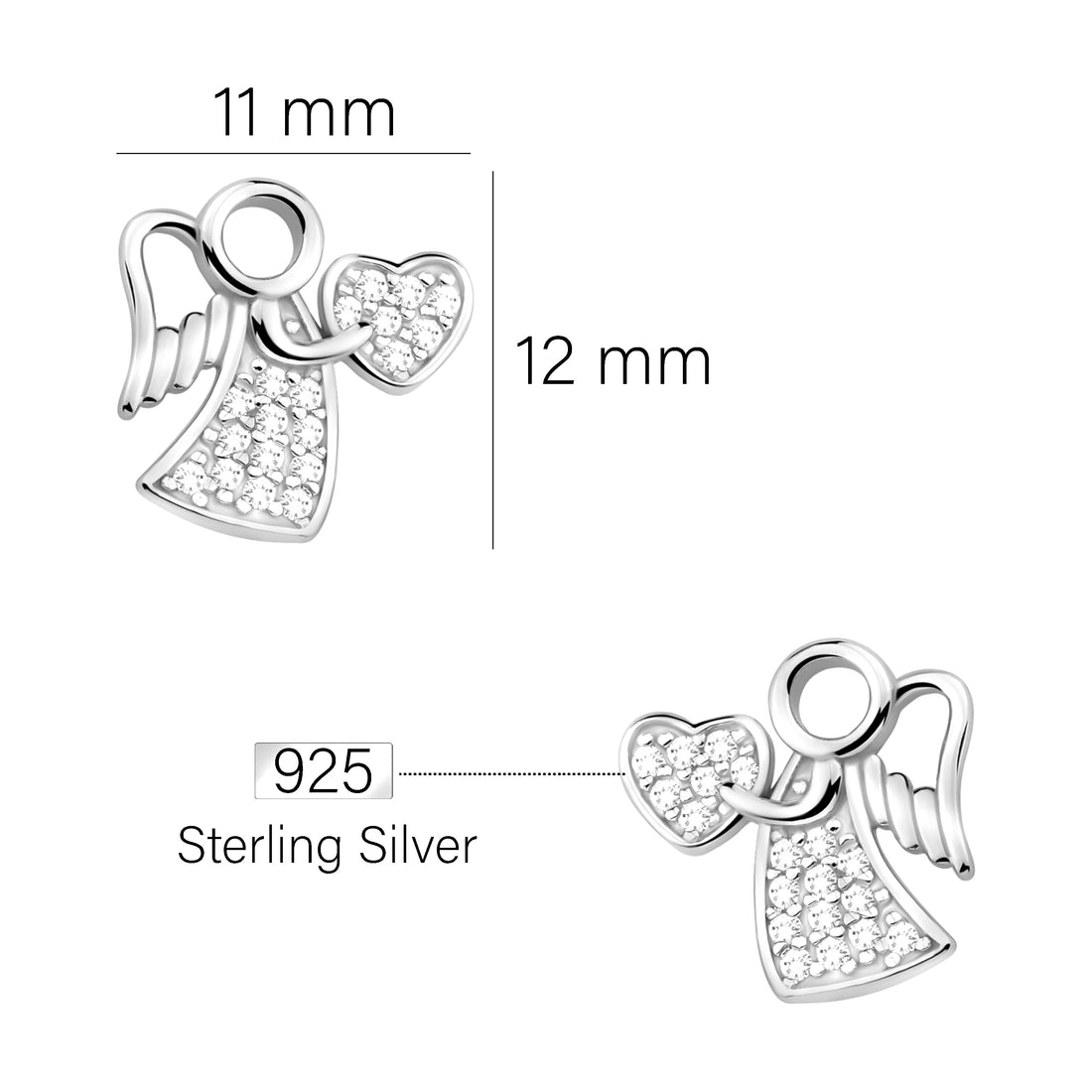 Maßenansicht von Herz Engel Ohrstecker in 925 Silber von Sofia Milani - E2330