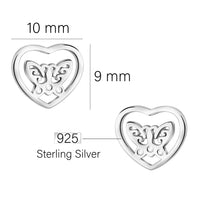 Maßenansicht von Herz Schmetterling Ohrstecker in 925 Silber von Sofia Milani - E2934