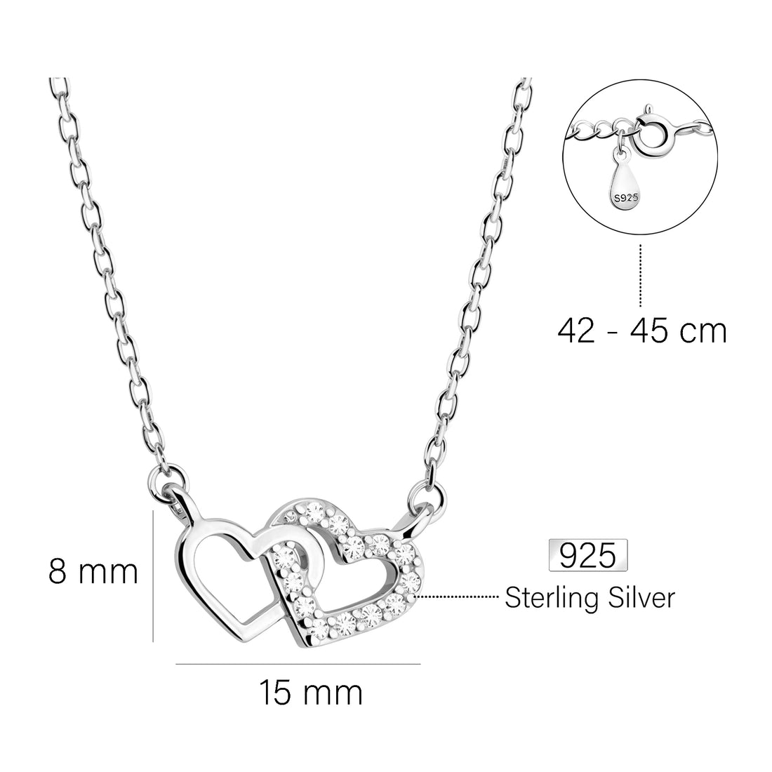 Maßenansicht von Herz Halskette in 925 Silber von Sofia Milani - N0053