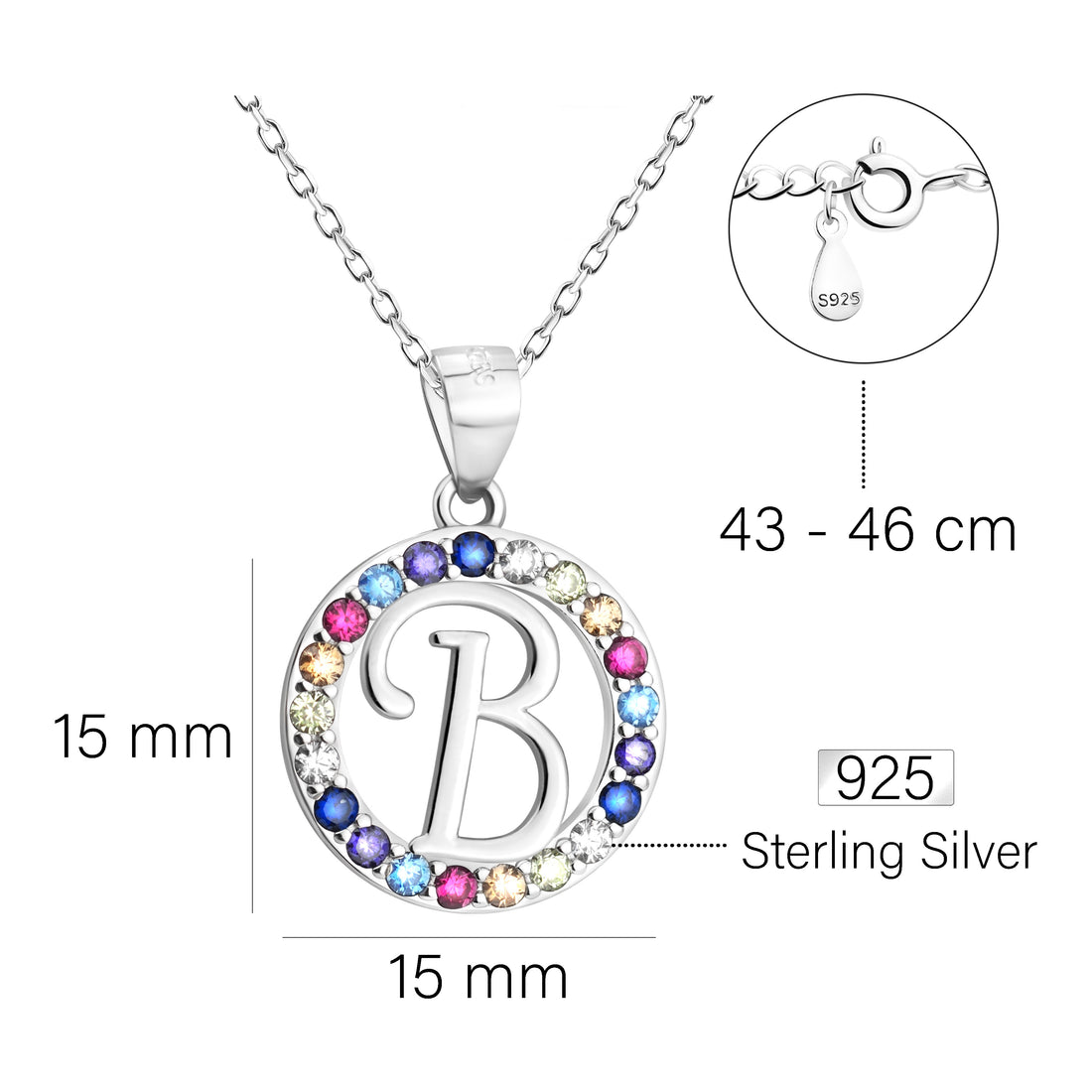 Maßenansicht von Buchstabe B Halskette in 925 Silber von Sofia Milani - N0515