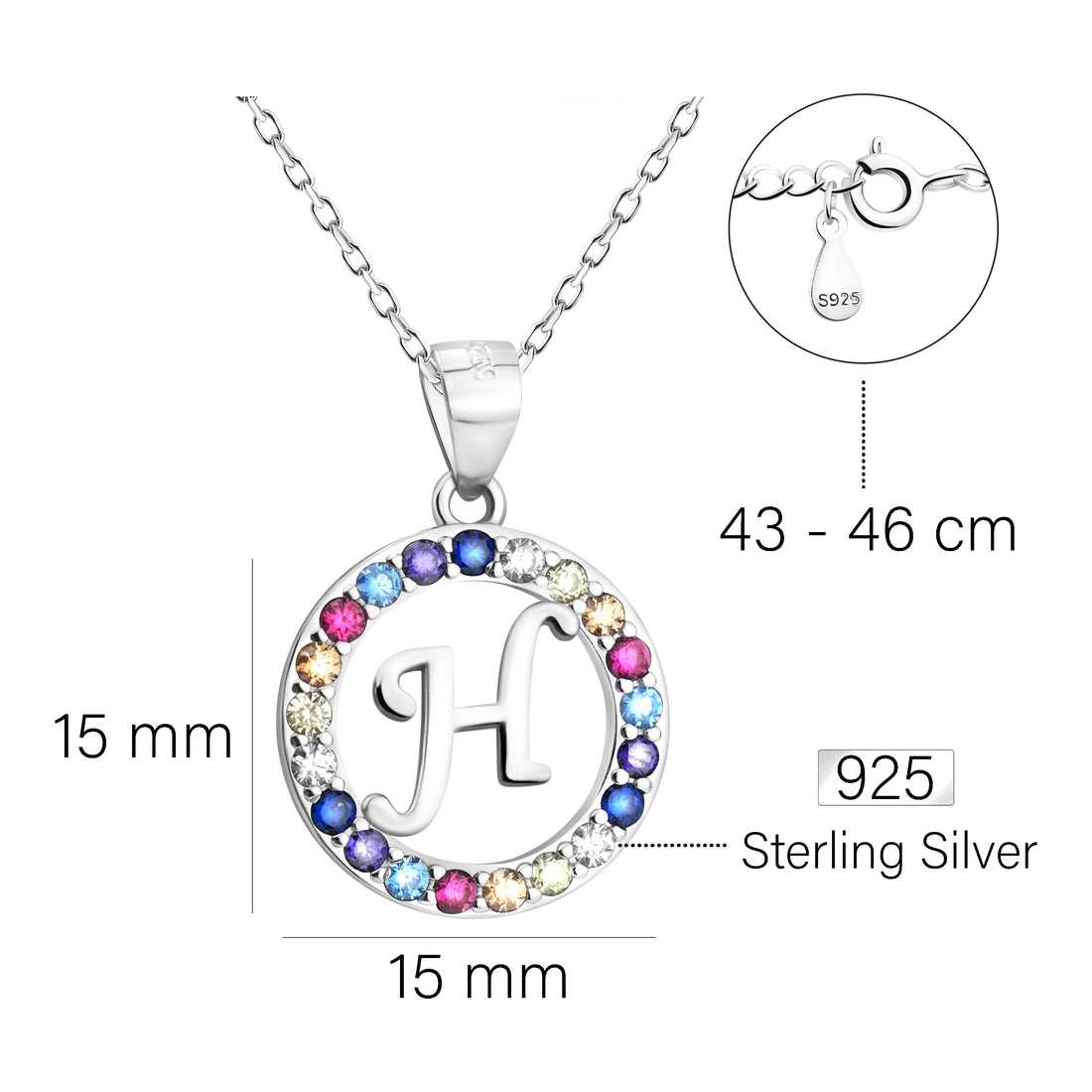 Maßenansicht von Buchstabe H Halskette in 925 Silber von Sofia Milani - N0521