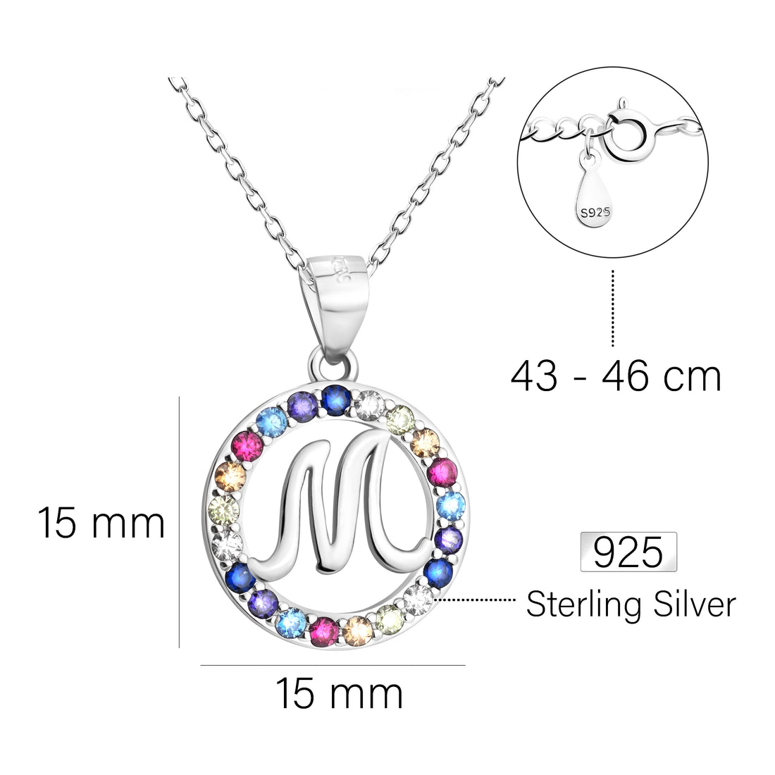 Maßenansicht von Buchstabe M Halskette in 925 Silber von Sofia Milani - N0526