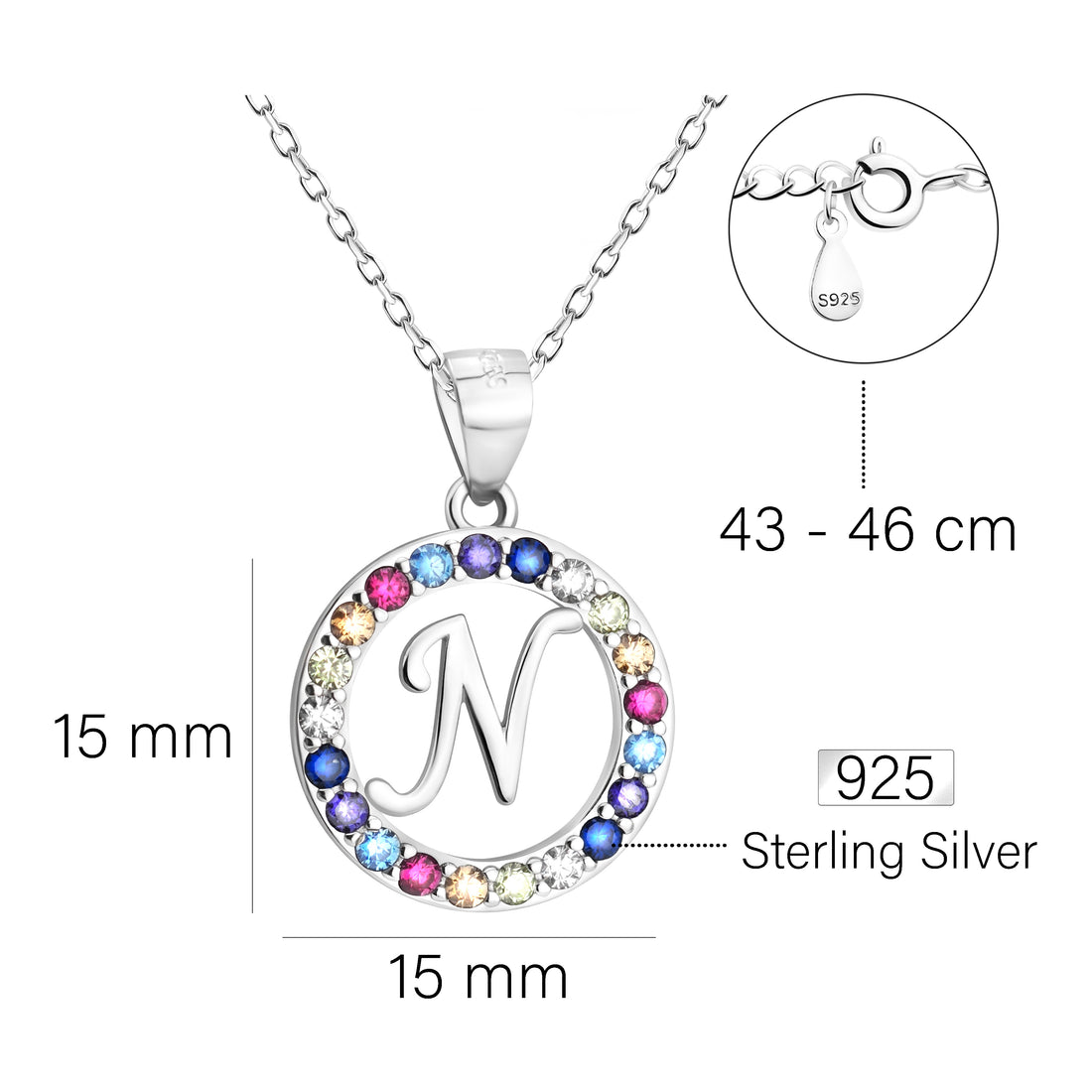 Maßenansicht von Buchstabe N Halskette in 925 Silber von Sofia Milani - N0527