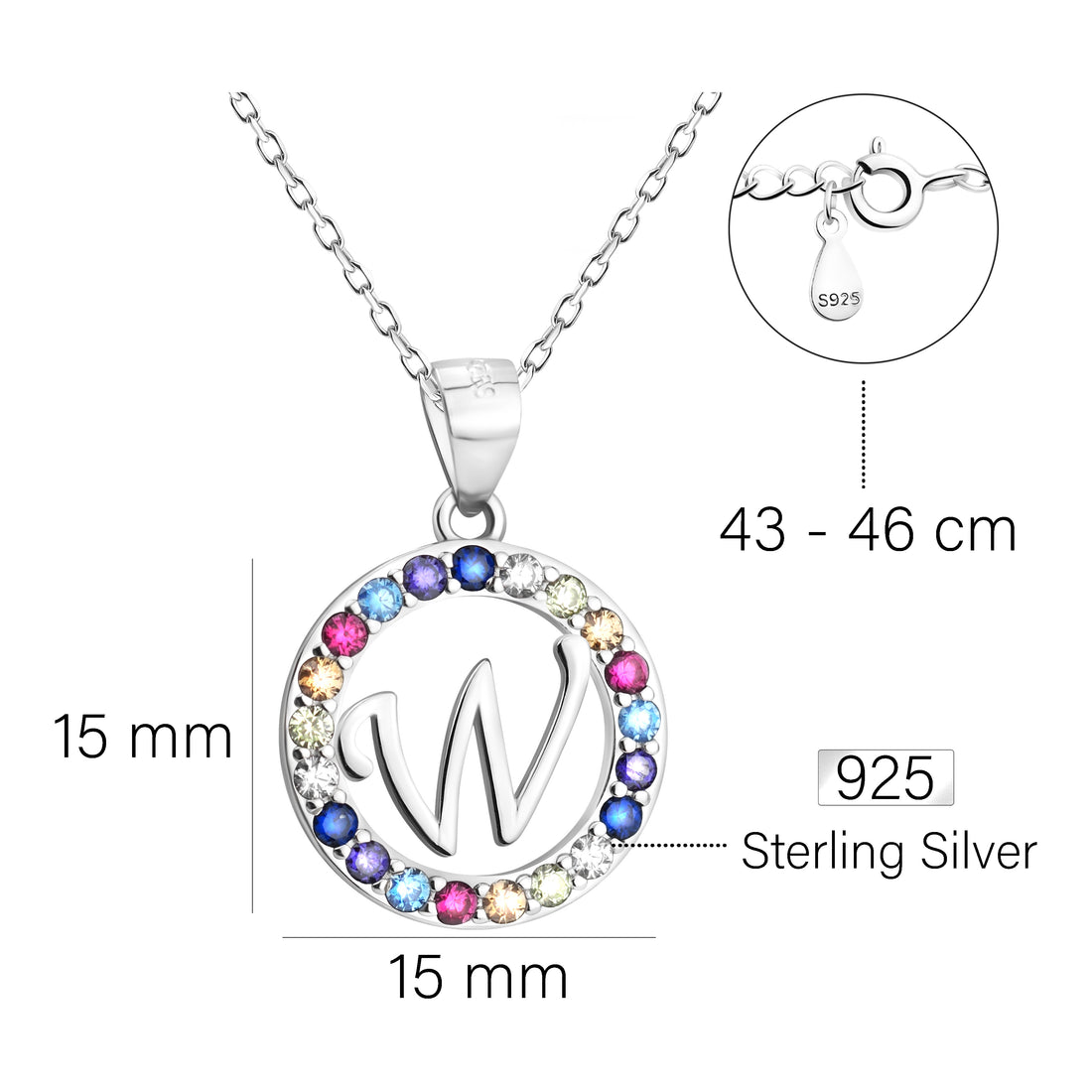 Maßenansicht von Buchstabe W Halskette in 925 Silber von Sofia Milani - N0536