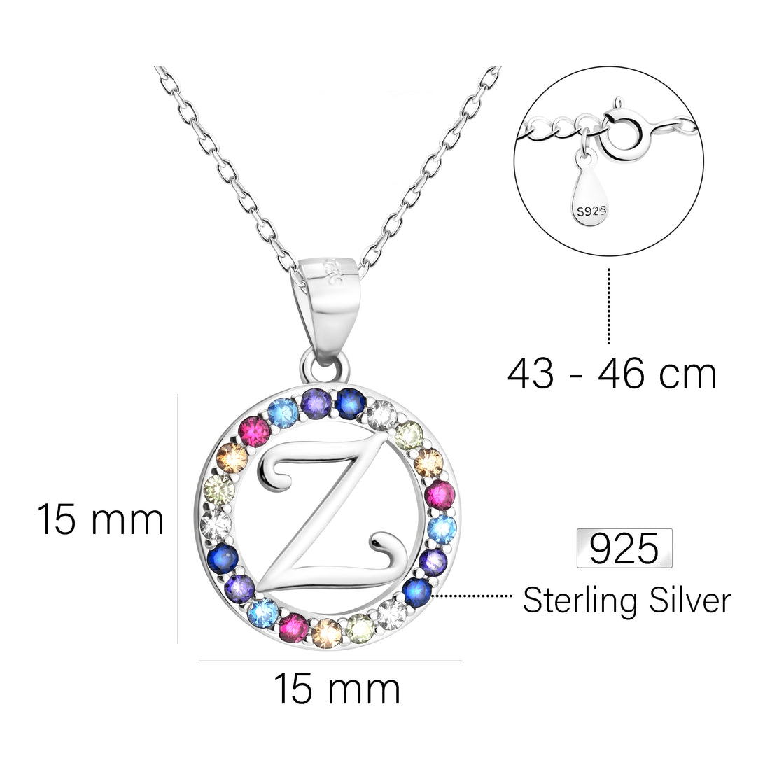 Maßenansicht von Buchstabe Z Halskette in 925 Silber von Sofia Milani - N0539
