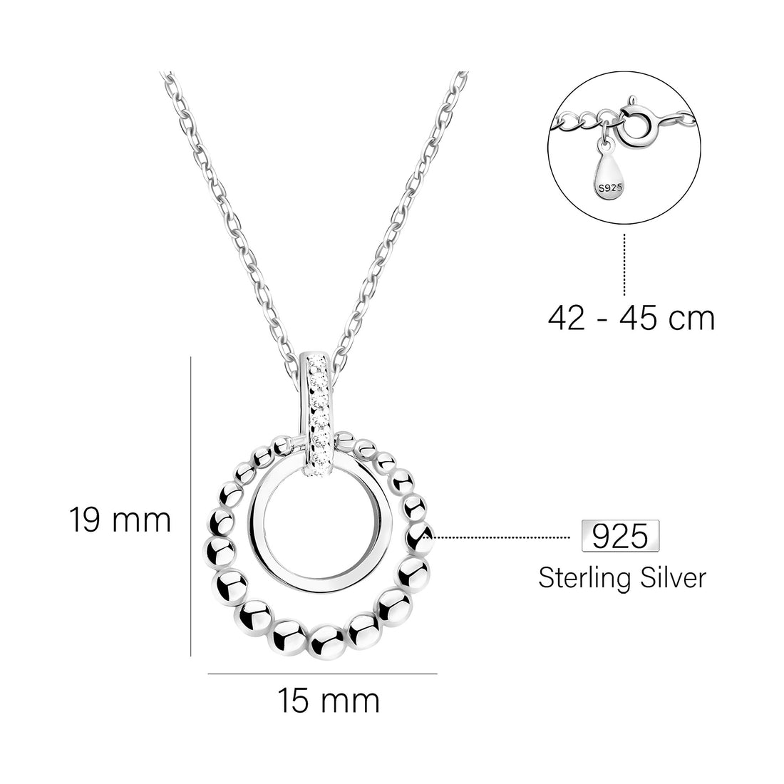 Maßenansicht von Kugel Kreis Halskette in 925 Silber von Sofia Milani - N0658