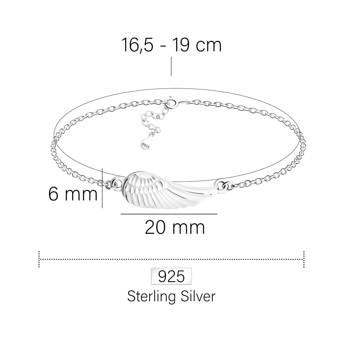 Maßenansicht von Flügel Armband in 925 Silber von Sofia Milani - B0135