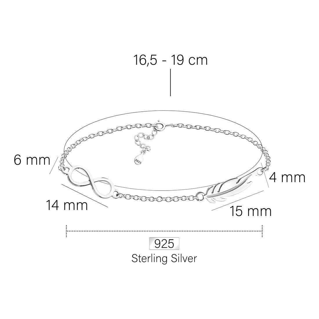 Maßenansicht von Flügel Armband in 925 Silber von Sofia Milani - B0172