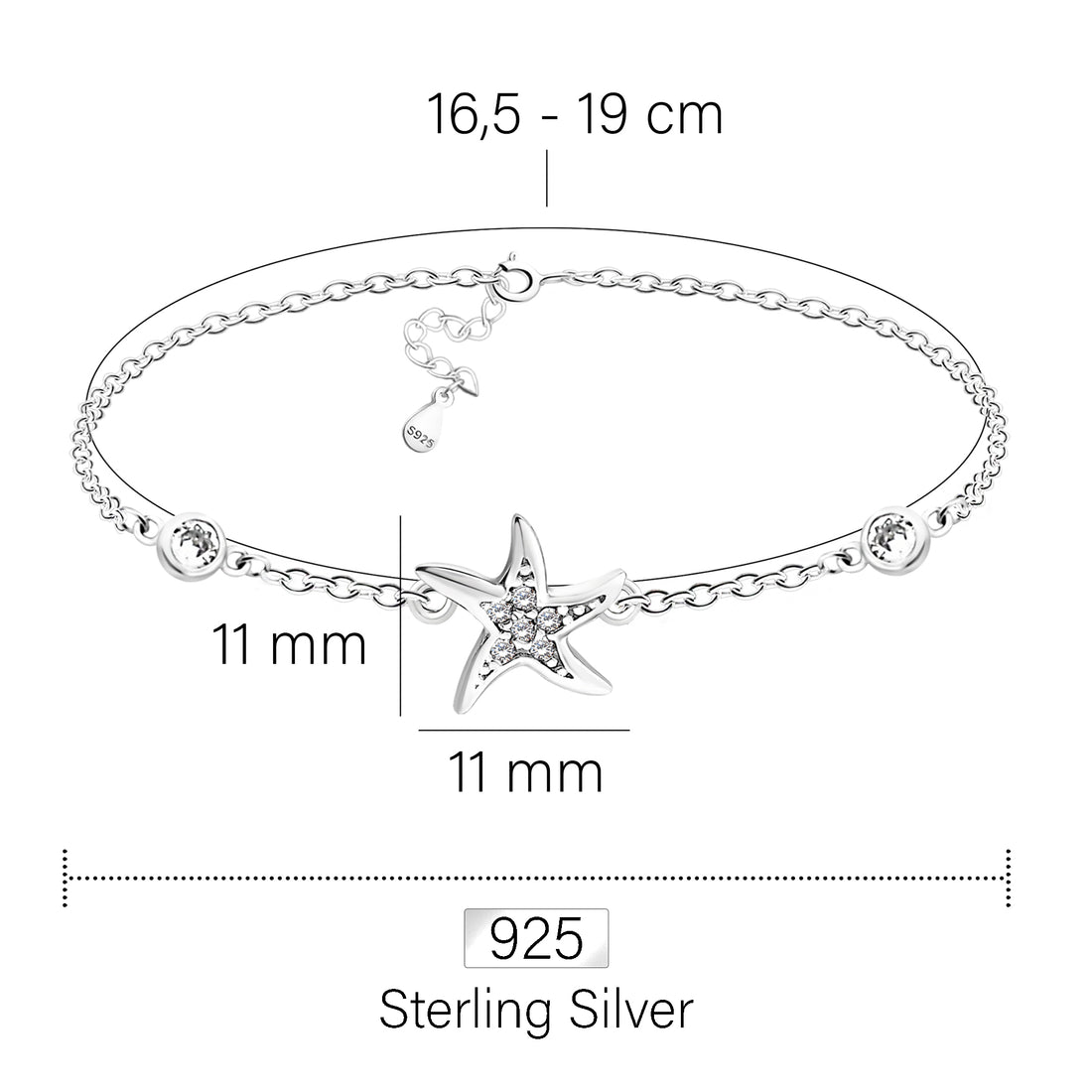 Maßenansicht von Stern Armband in 925 Silber von Sofia Milani - B0274