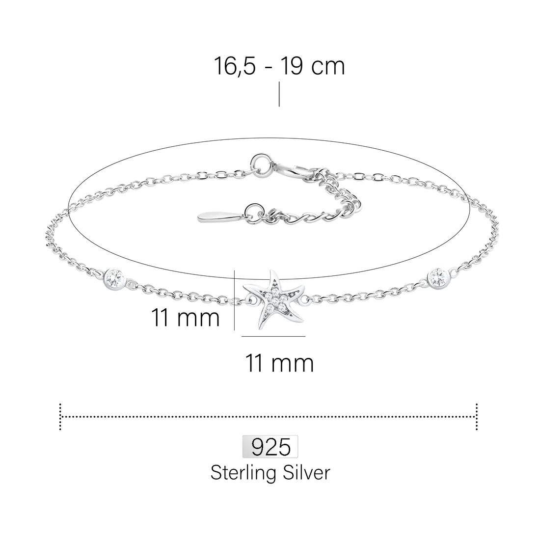 Maßenansicht von Stern Armband in 925 Silber von Sofia Milani - B0274
