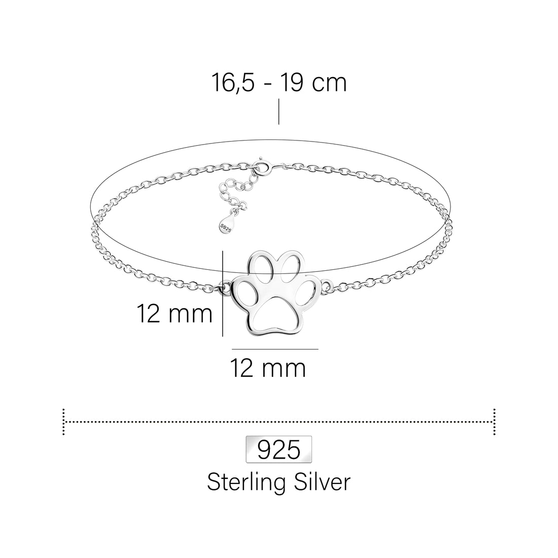 Maßenansicht von Pfoten Armband in 925 Silber von Sofia Milani - B0284