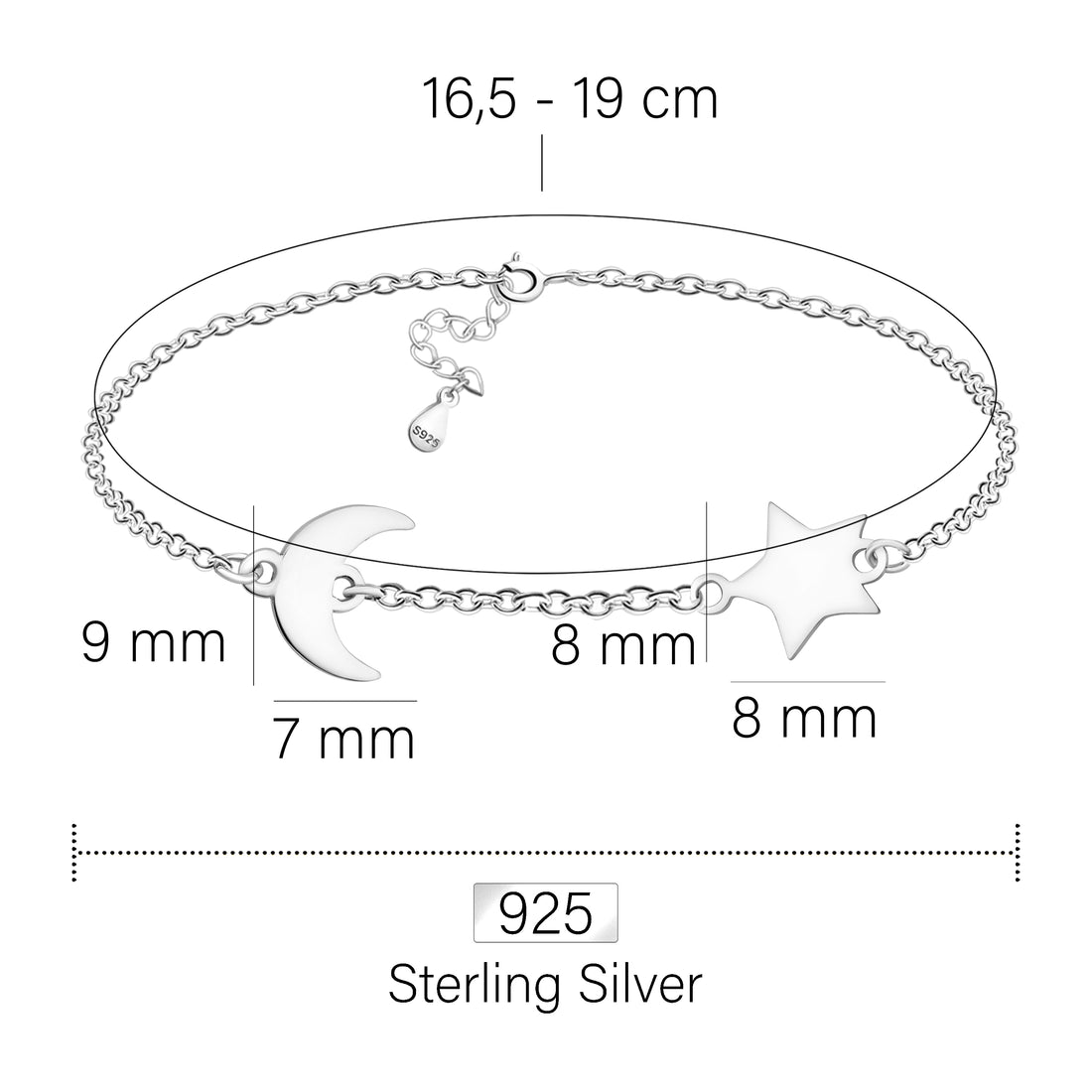 Maßenansicht von Sternen Mond Armband in 925 Silber von Sofia Milani - B0312