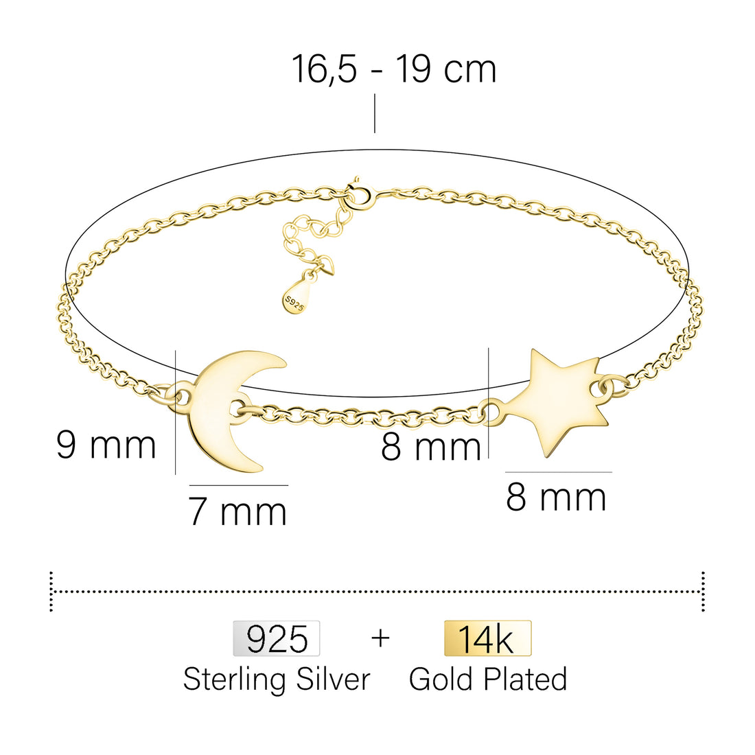 Maßenansicht von Sternen Mond Armband in 925 Silber von Sofia Milani - B0313