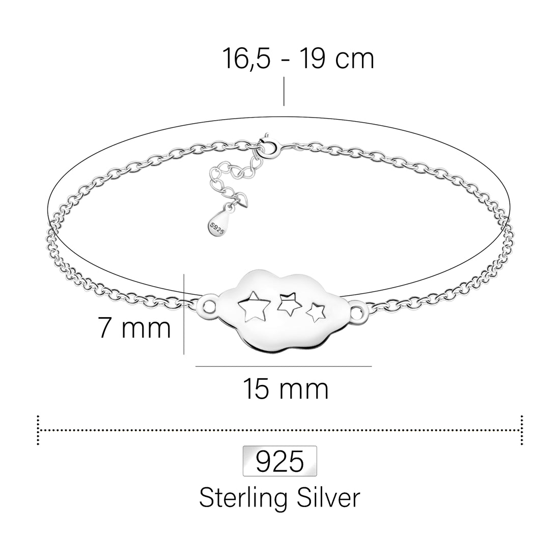 Maßenansicht von Sternen Wolken Armband in 925 Silber von Sofia Milani - B0314
