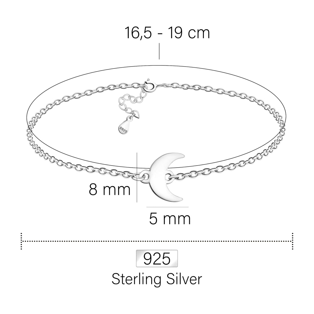Maßenansicht von Mond Armband in 925 Silber von Sofia Milani - B0316