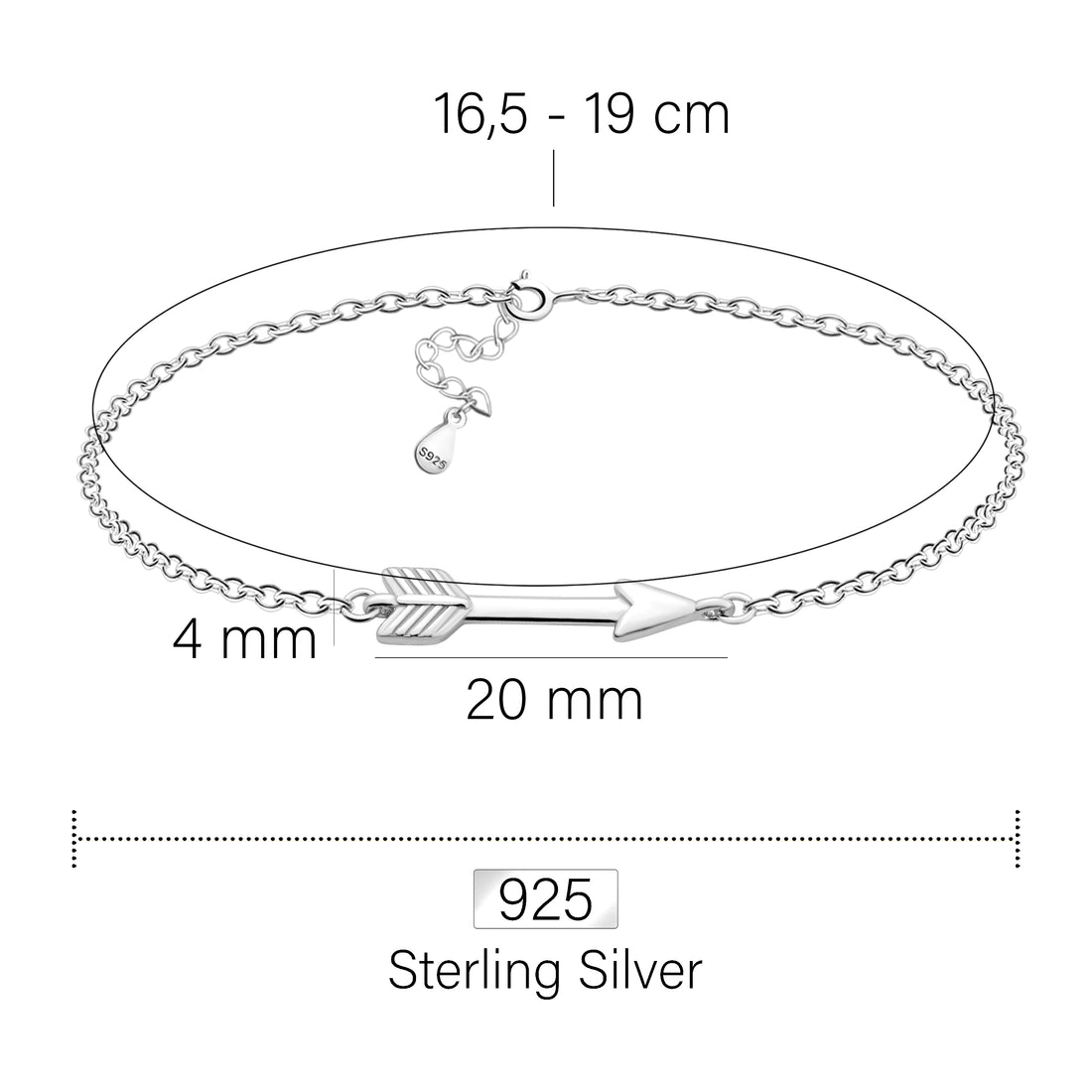 Maßenansicht von Pfeil Armband in 925 Silber von Sofia Milani - B0318