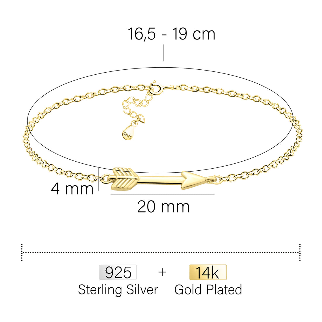 Maßenansicht von Pfeil Armband in 925 Silber von Sofia Milani - B0319