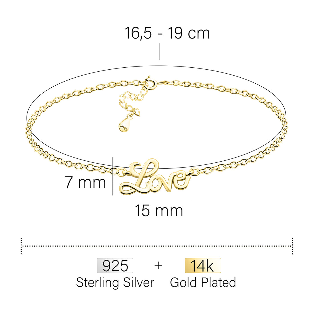 Maßenansicht von Love Armband in 925 Silber von Sofia Milani - B0321