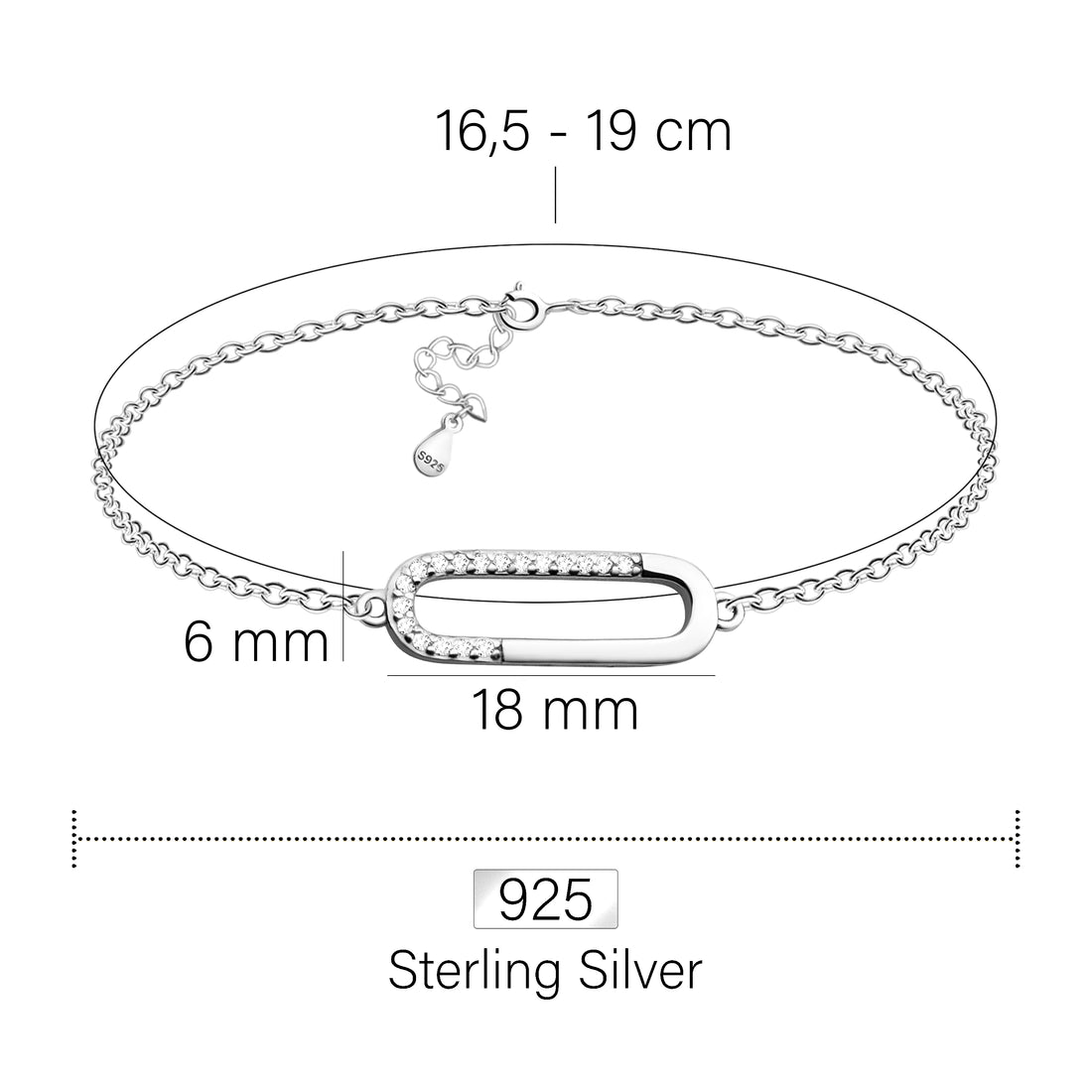 Maßenansicht von Oval Armband in 925 Silber von Sofia Milani - B0322