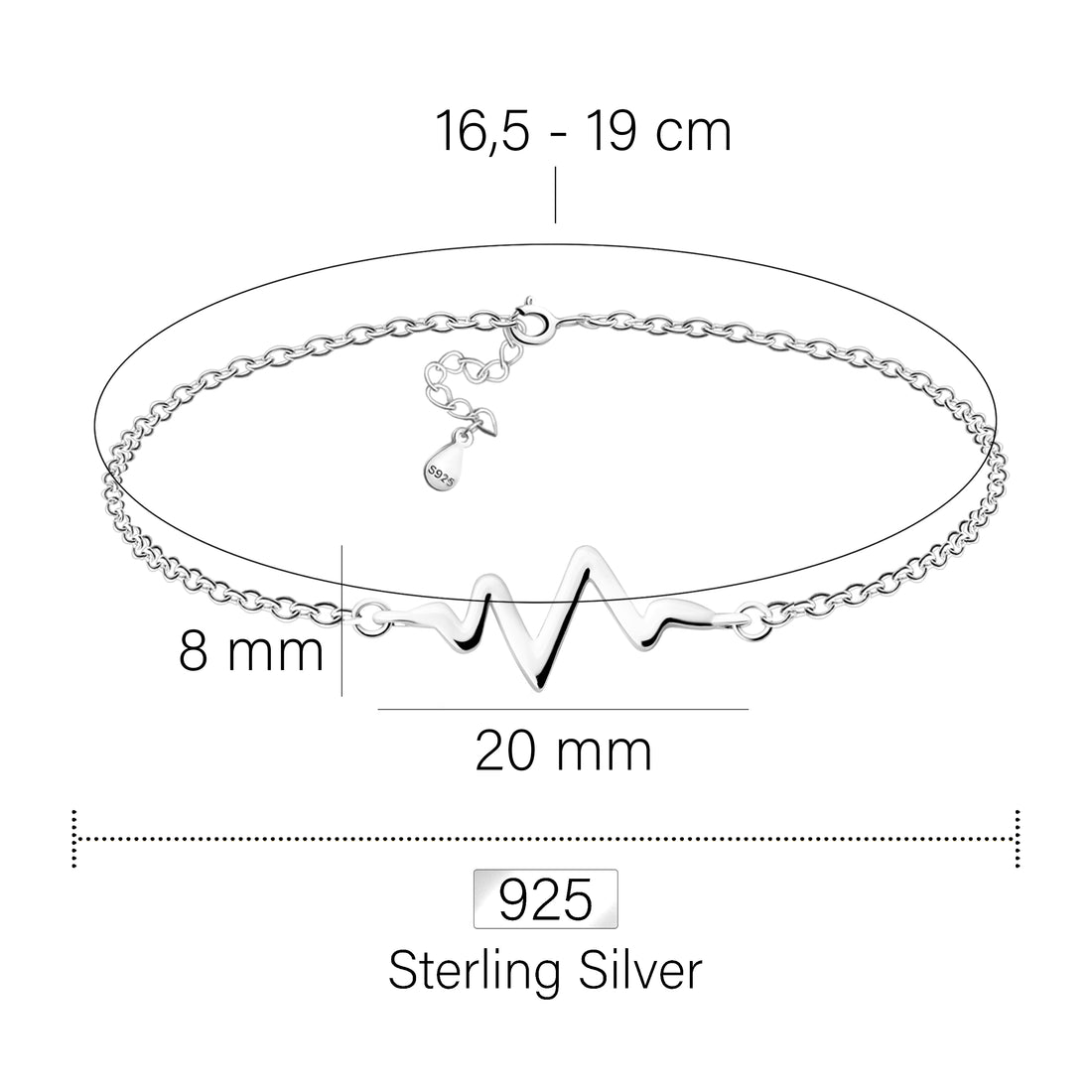 Maßenansicht von Herzschlag Armband in 925 Silber von Sofia Milani - B0324