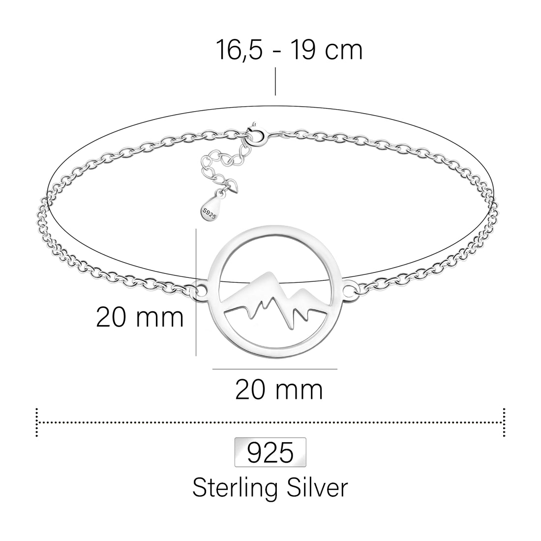 Maßenansicht von Berg Kreis Armband in 925 Silber von Sofia Milani - B0326