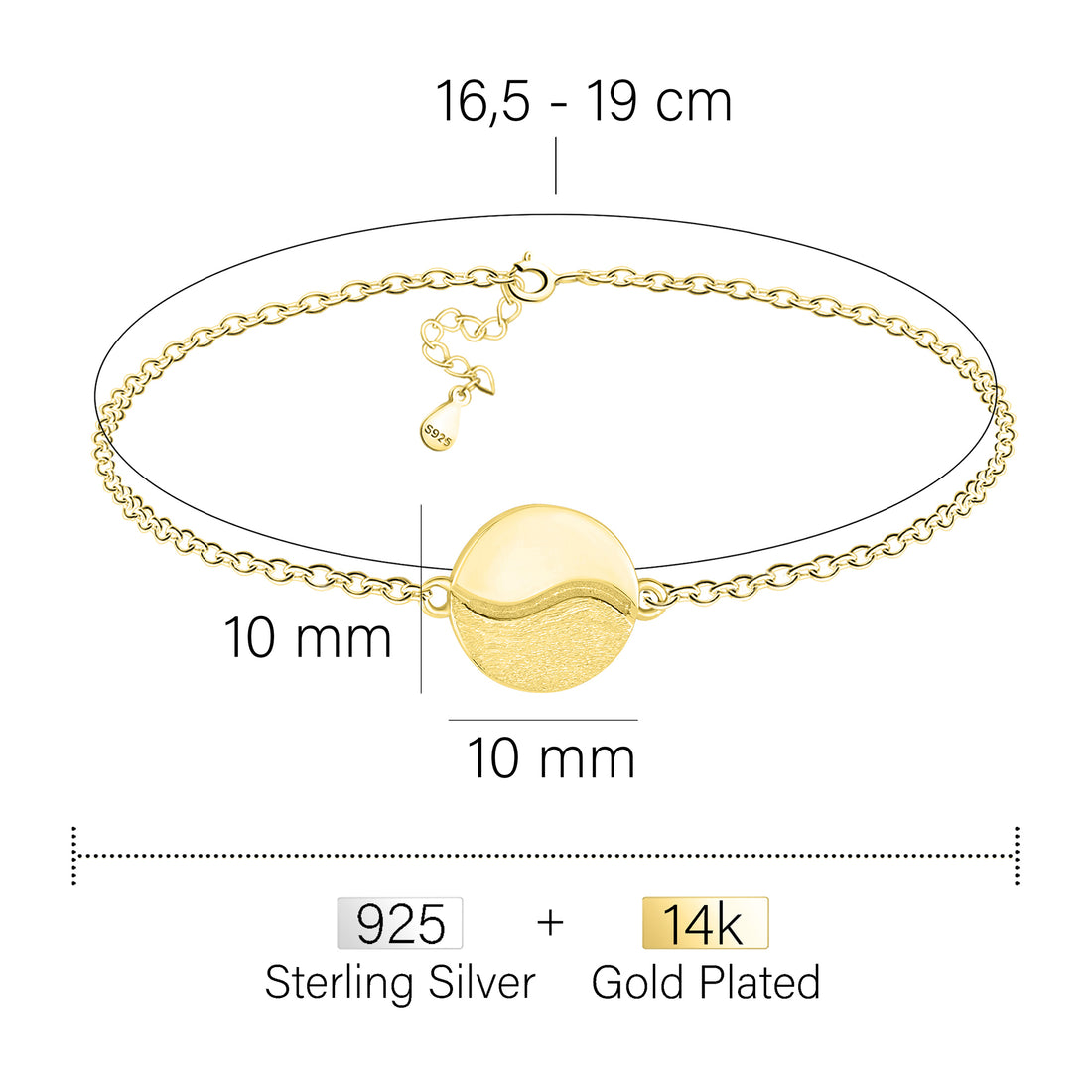Maßenansicht von Gebürstet Yin und Yang Armband in 925 Silber von Sofia Milani - B0329