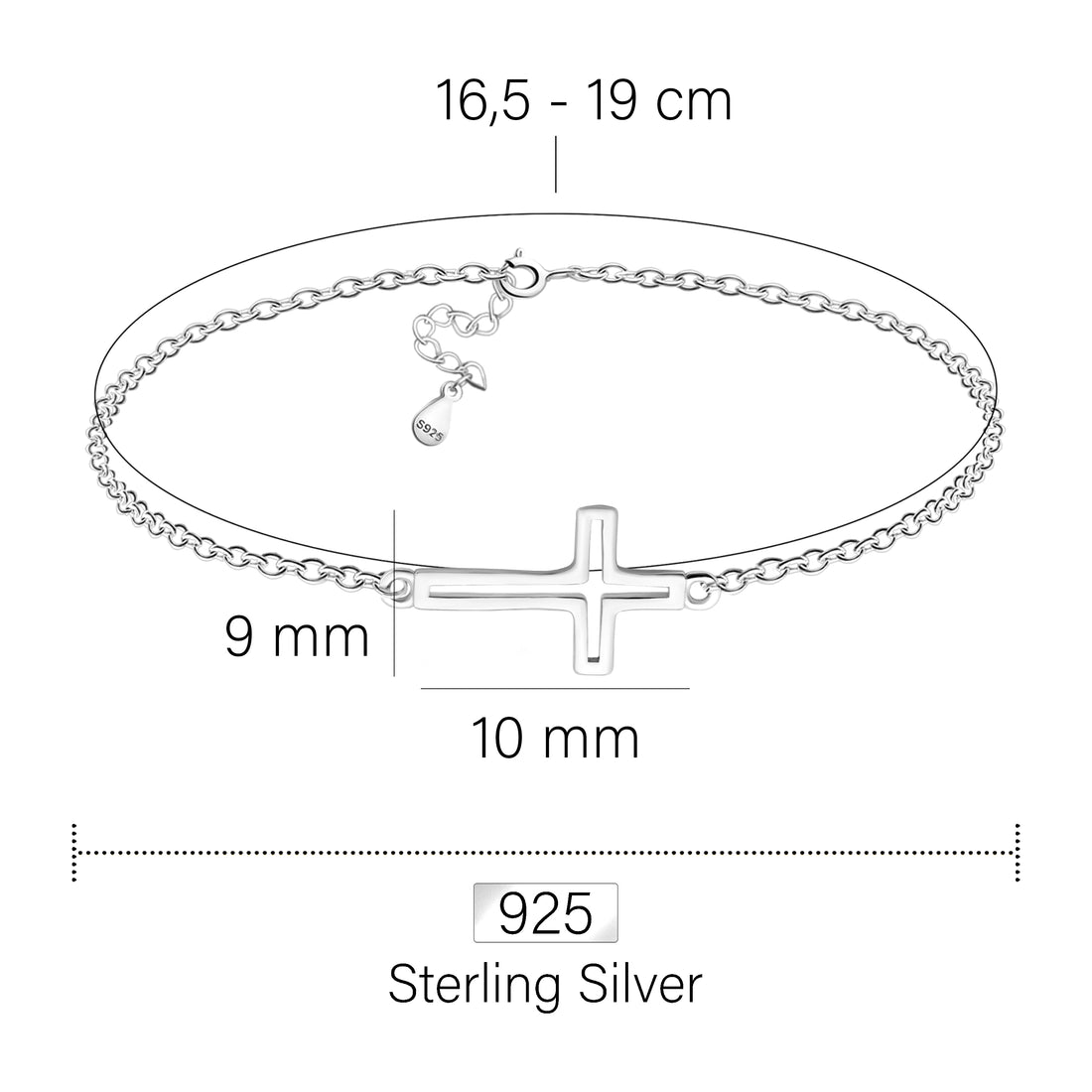 Maßenansicht von Kreuz Armband in 925 Silber von Sofia Milani - B0330