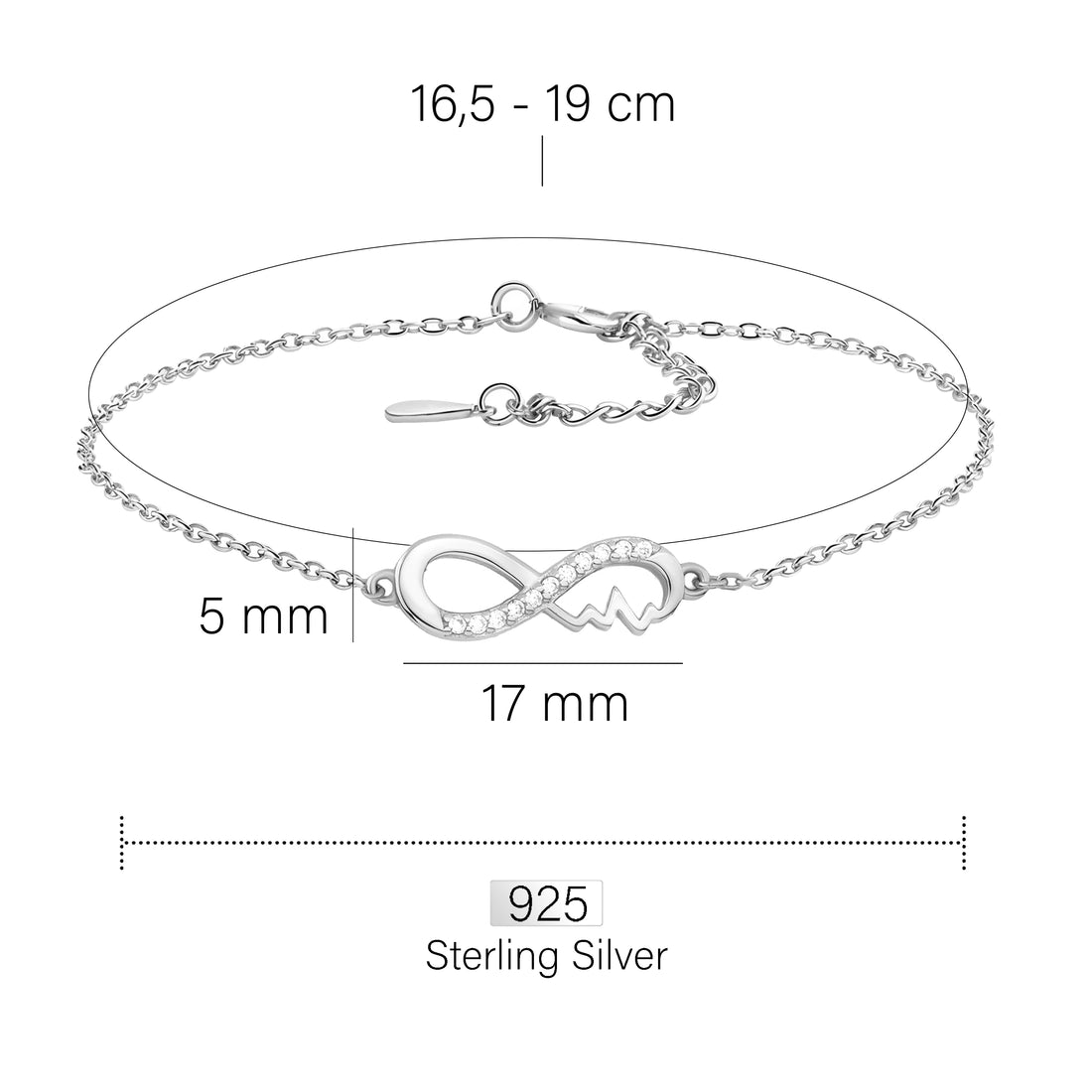 Maßenansicht von Unendlich Infinity Armband in 925 Silber von Sofia Milani - B0332