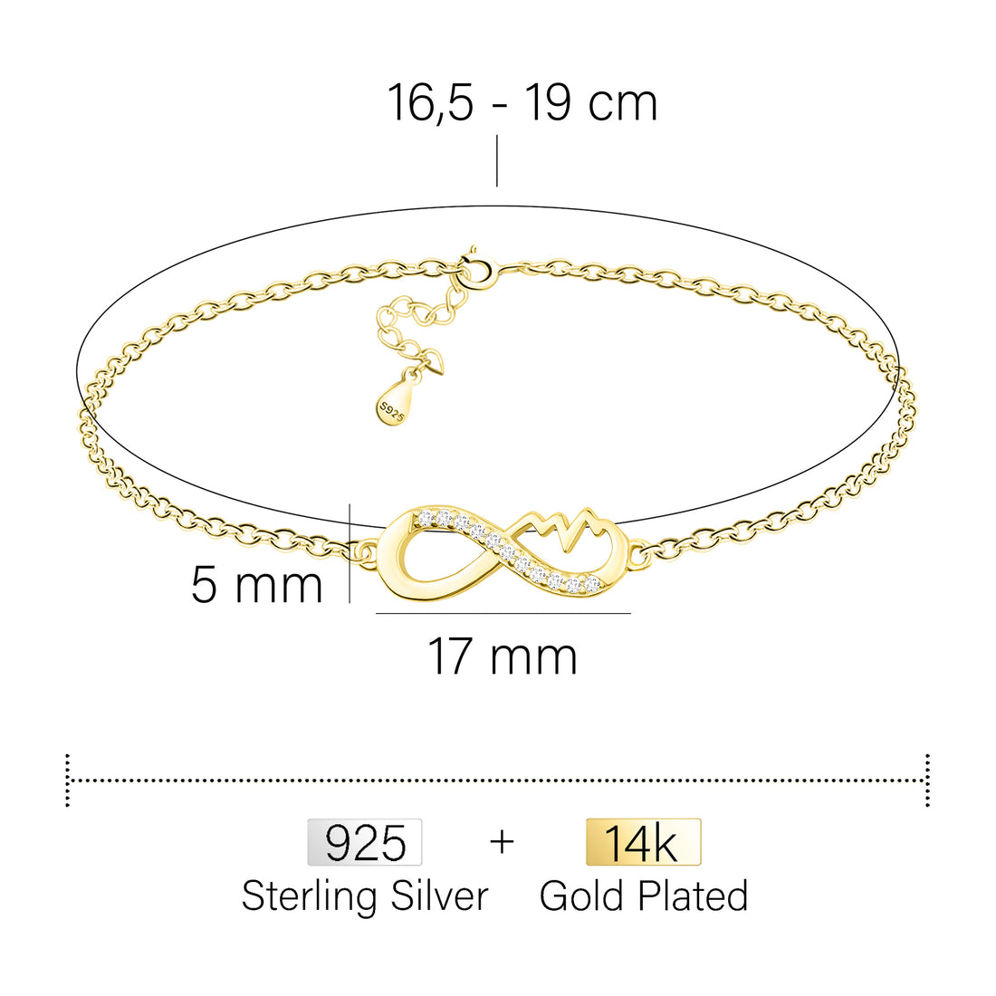 Maßenansicht von Unendlich Infinity Armband in 925 Silber von Sofia Milani - B0333
