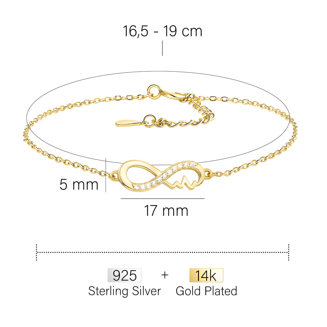 Maßenansicht von Unendlich Infinity Armband in 925 Silber von Sofia Milani - B0333