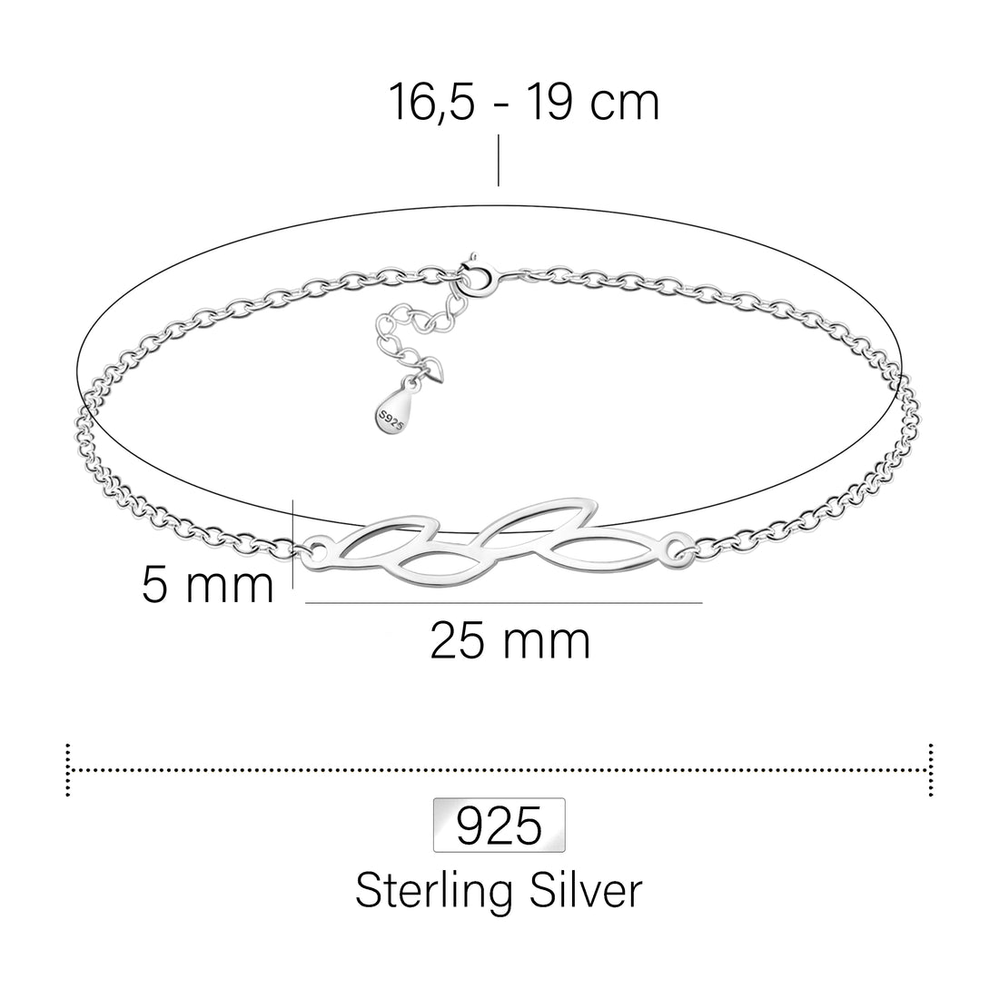 Maßenansicht von Blatt Armband in 925 Silber von Sofia Milani - B0334