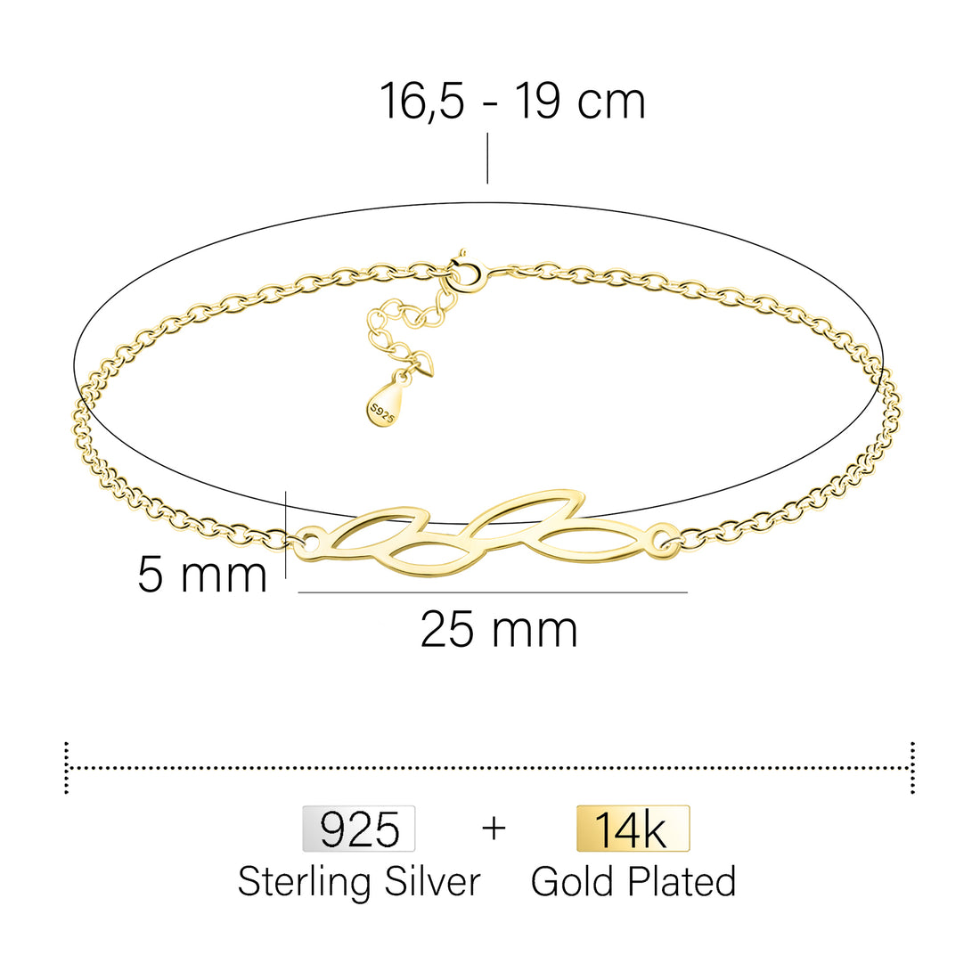 Maßenansicht von Blatt Armband in 925 Silber von Sofia Milani - B0335