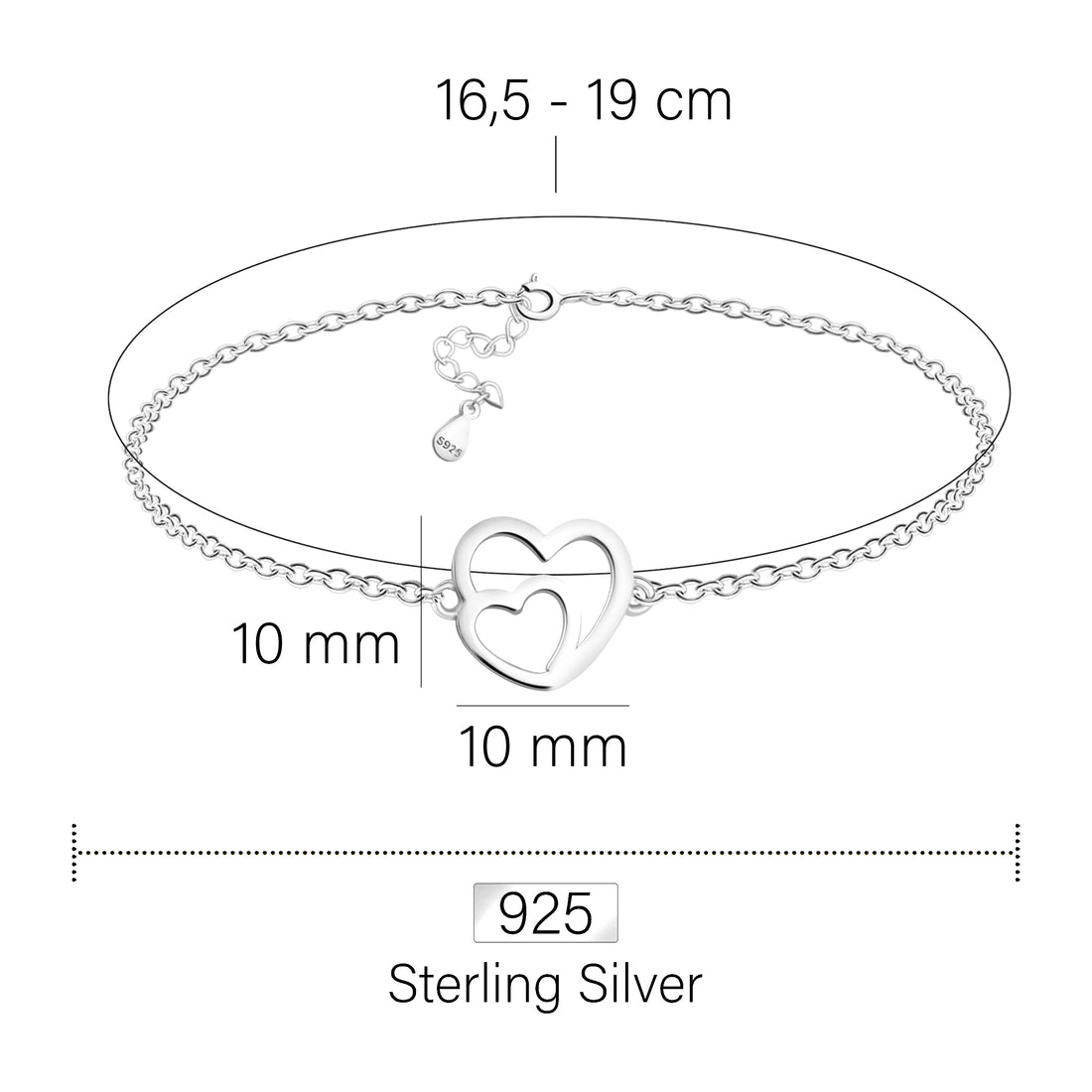 Maßenansicht von Herz Armband in 925 Silber von Sofia Milani - B0336