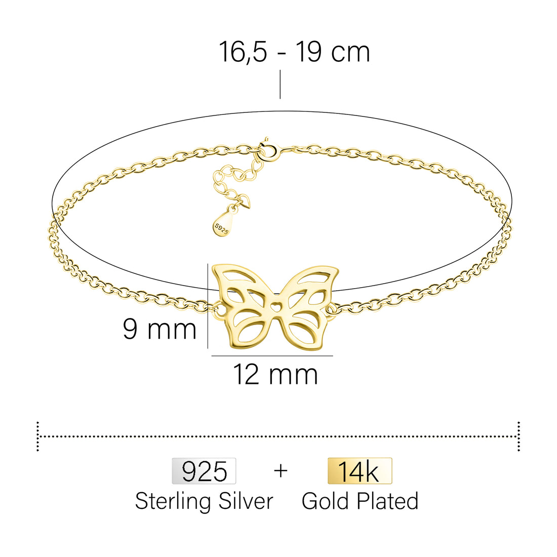 Maßenansicht von Schmetterling Armband in 925 Silber von Sofia Milani - B0339