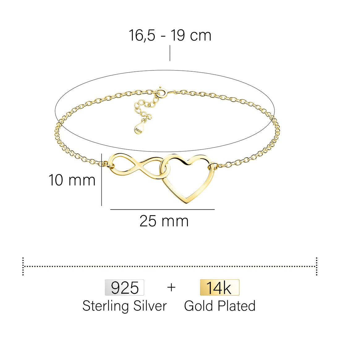 Maßenansicht von Unendlich Infinity Armband in 925 Silber von Sofia Milani - B0356