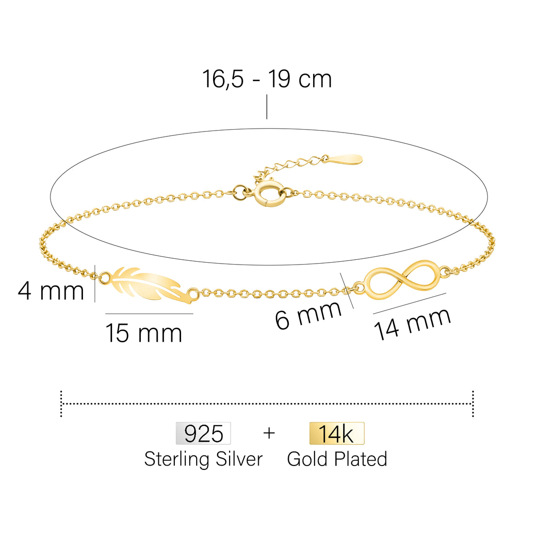 Maßenansicht von Flügel Armband in 925 Silber von Sofia Milani - B0357