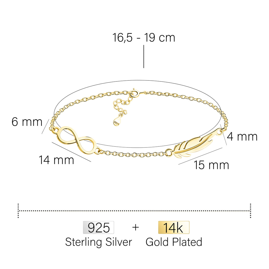 Maßenansicht von Flügel Armband in 925 Silber von Sofia Milani - B0357