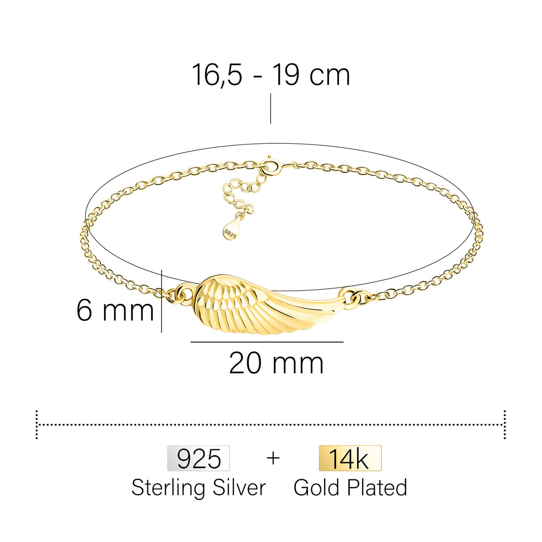Maßenansicht von Flügel Armband in 925 Silber von Sofia Milani - B0359