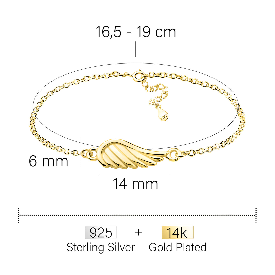Maßenansicht von Flügel Armband in 925 Silber von Sofia Milani - B0360
