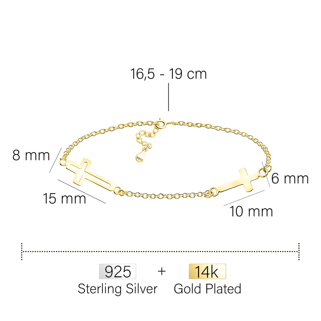 Maßenansicht von Kreuz Armband in 925 Silber von Sofia Milani - B0362