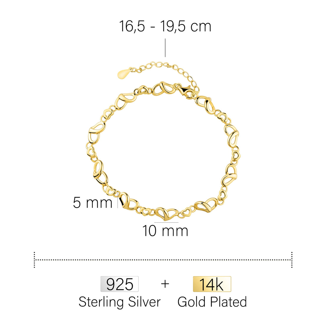 Maßenansicht von Doppeltes Herz Armband in 925 Silber von Sofia Milani - B0364