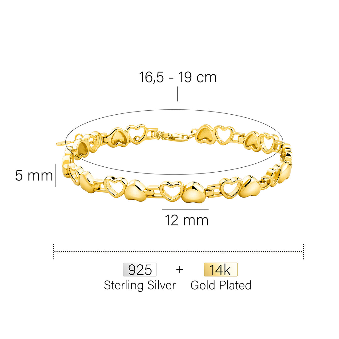 Maßenansicht von Doppeltes Herz Armband in 925 Silber von Sofia Milani - B0366