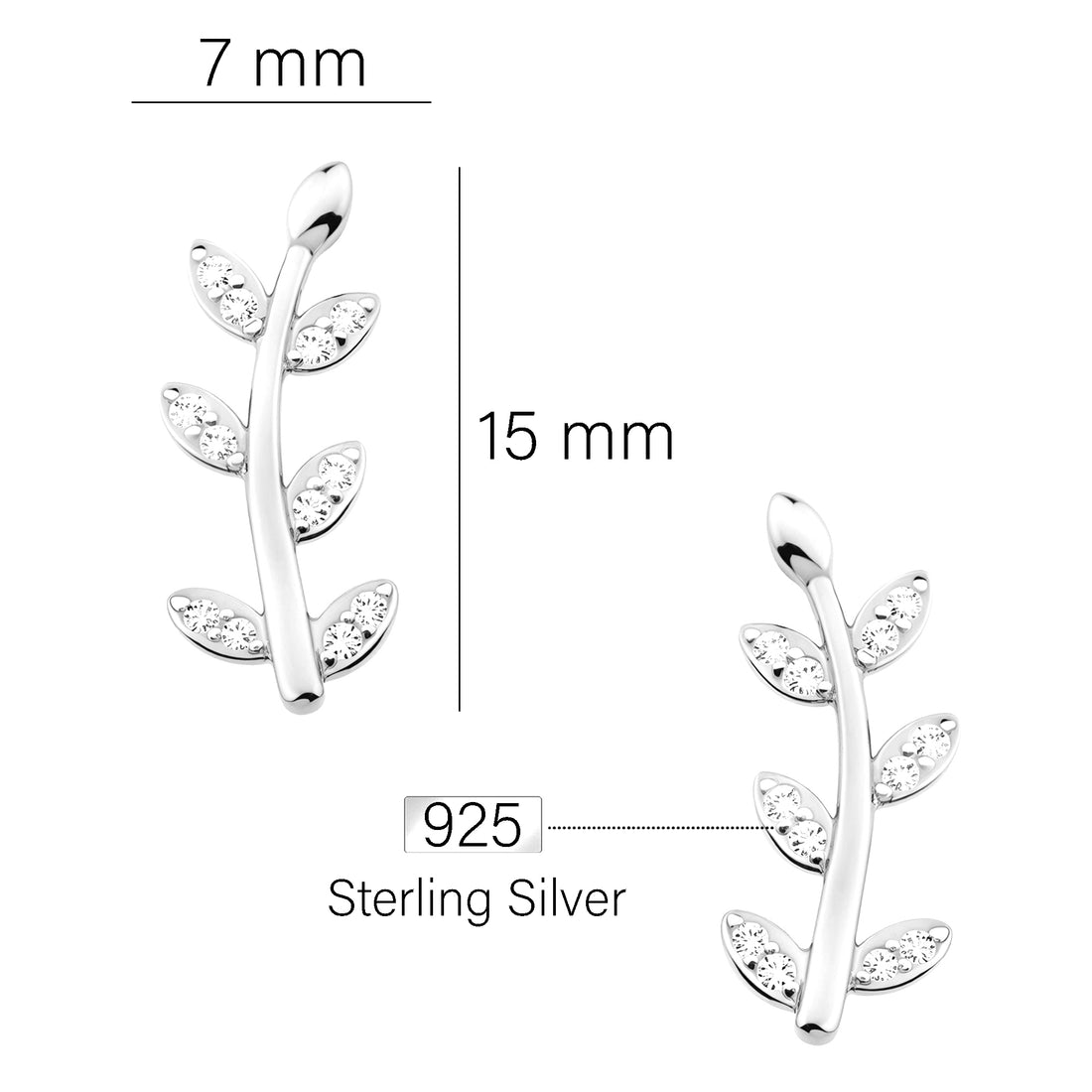 Maßenansicht von Blatt Ohrstecker in 925 Silber von Sofia Milani - E0201