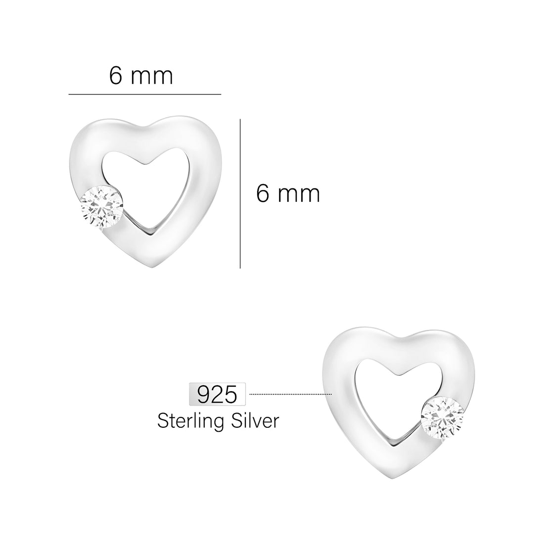Maßenansicht von Herz Ohrstecker in 925 Silber von Sofia Milani - E0356